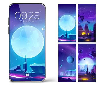 Various illustrations displayed on phone screens