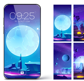Various illustrations displayed on phone screens